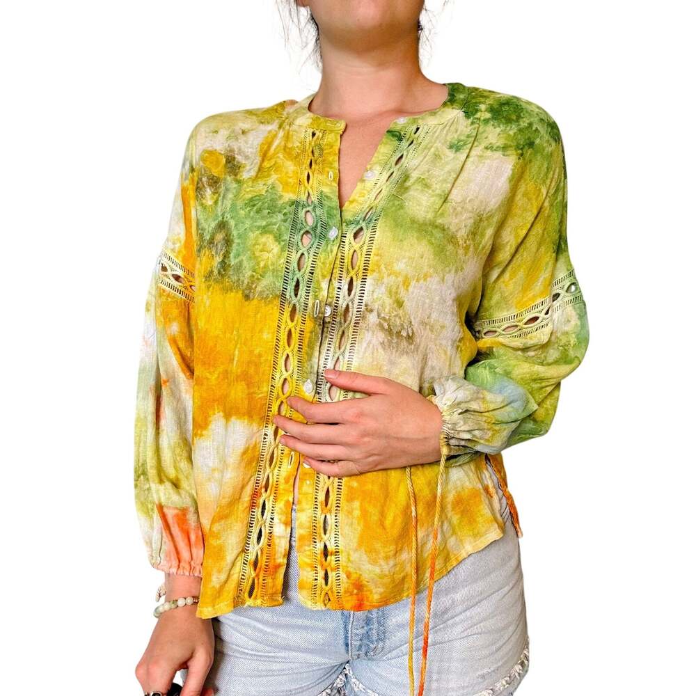 Hand Dyed Green Yellow Cotton Gauze Blouse Boho Open Work Festival